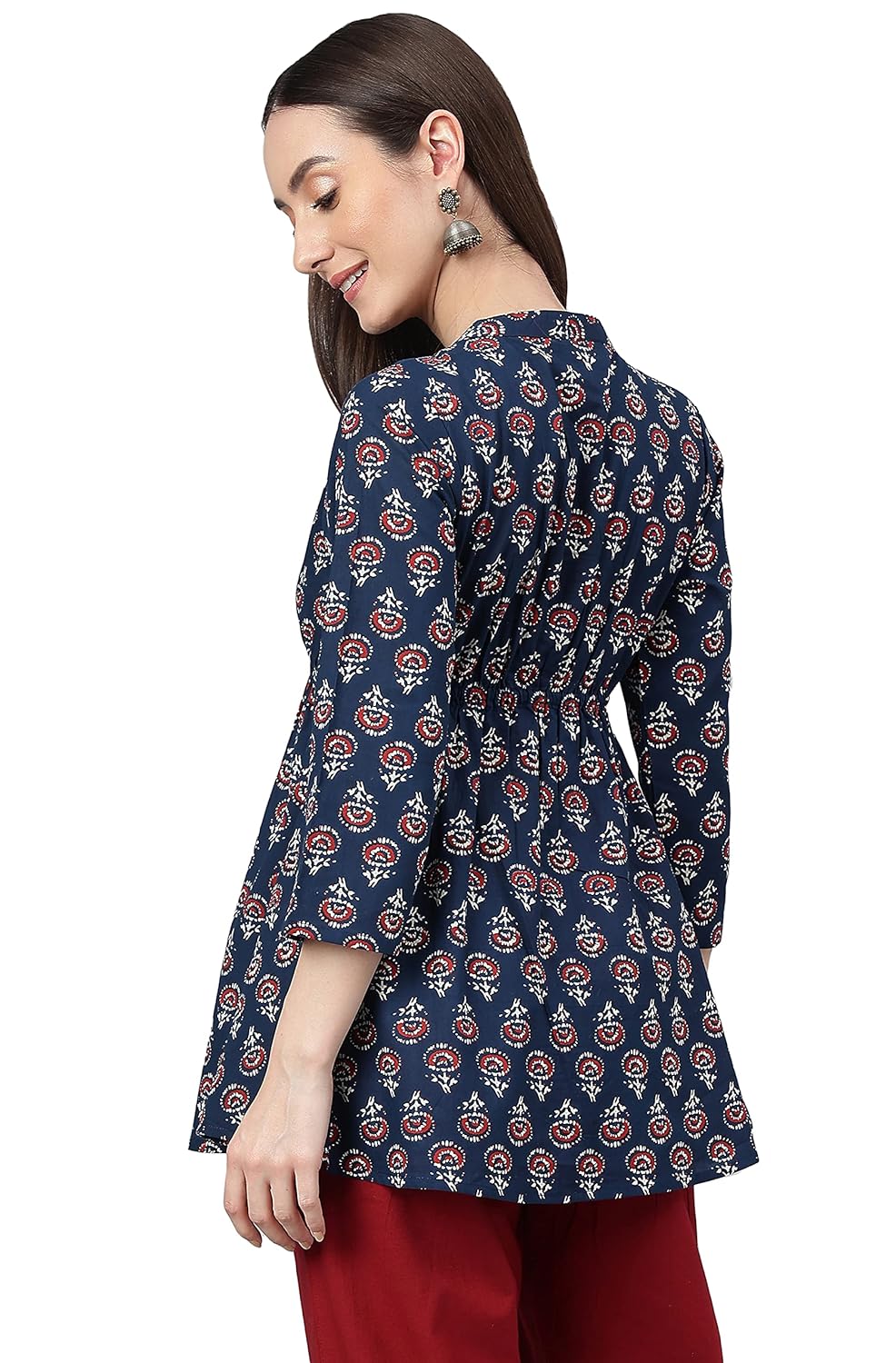 Janasya Women's Navy Blue Cotton Floral Block Print Flared Tunic