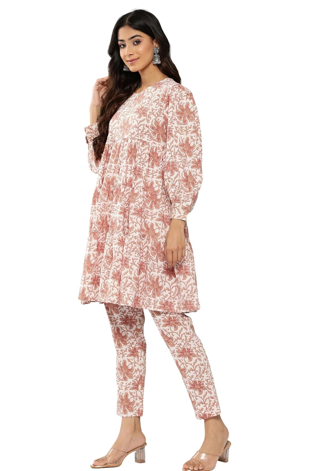 Janasya Women's White Cotton Botanical Printed Co-ords Set