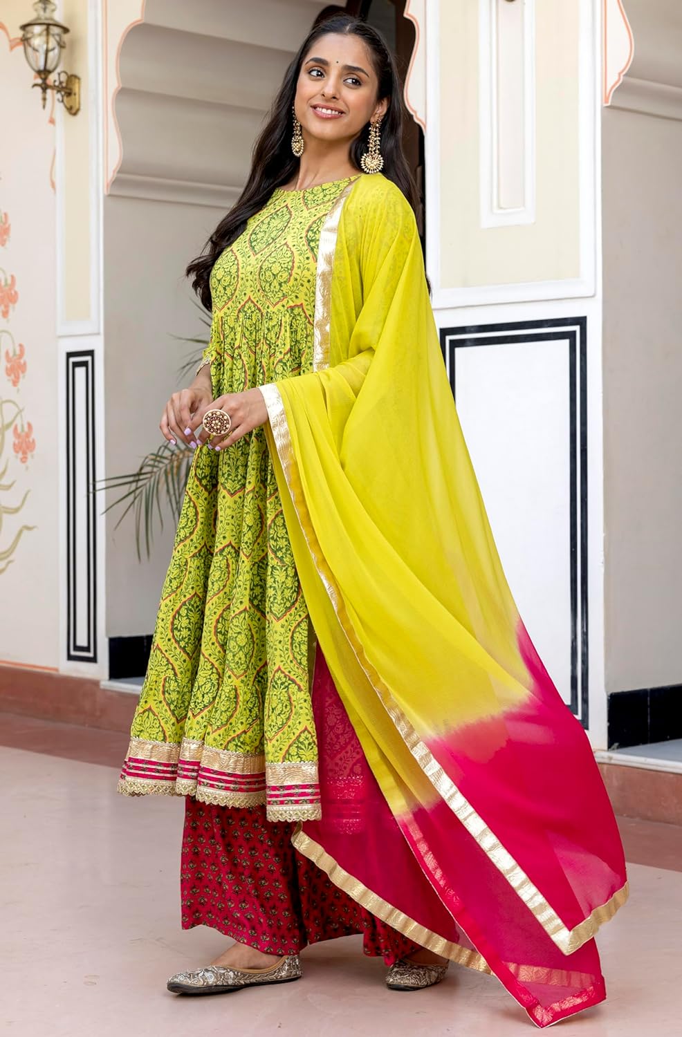 Janasya Women's Lime Green Cotton Embellished Floral Printed Kurta with Flared Palazzo and Dupatta