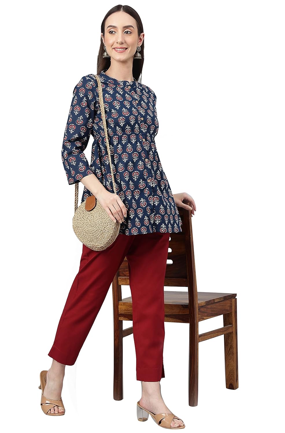 Janasya Women's Navy Blue Cotton Floral Block Print Flared Tunic