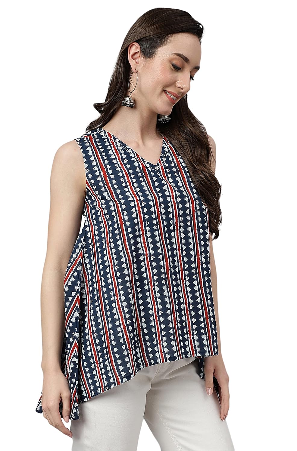 Janasya Women's Navy Blue Cotton Geometric Print High Low Top