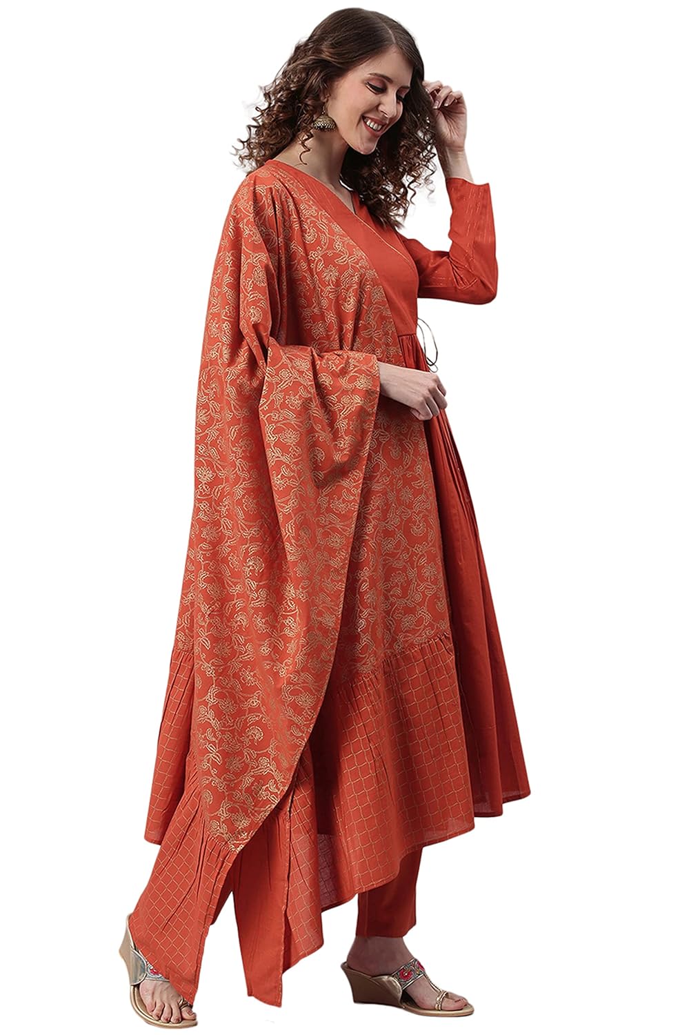 Janasya Women's Orange Cotton Kurta With Pant And Dupatta