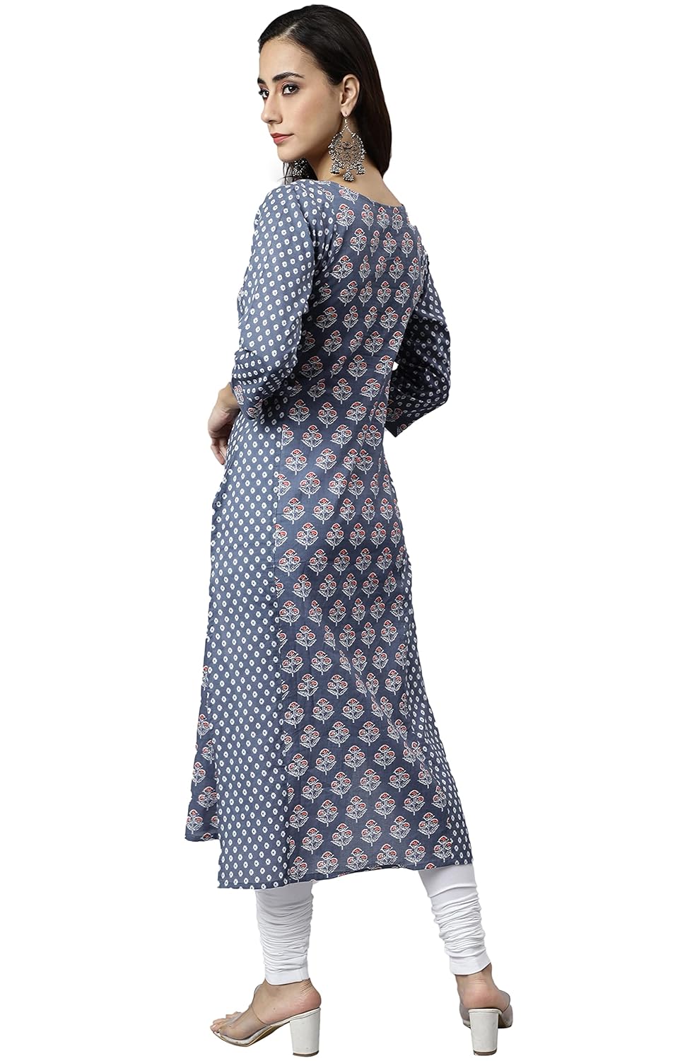 Janasya Women's Blue Cotton Block Print Straight Kurta
