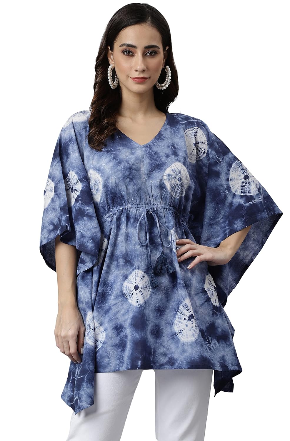 Janasya Women's Navy Blue Cotton Tie dye Kaftan Tunic