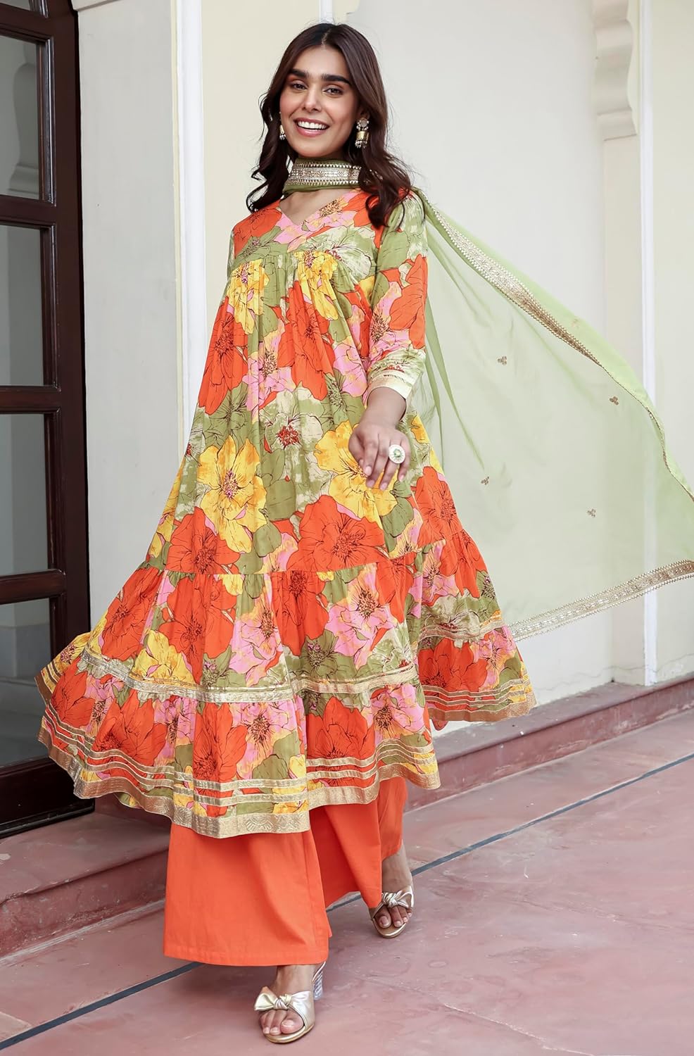 Janasya Women's Multicolor Cotton Floral Printed Kurta with Palazzo and Dupatta