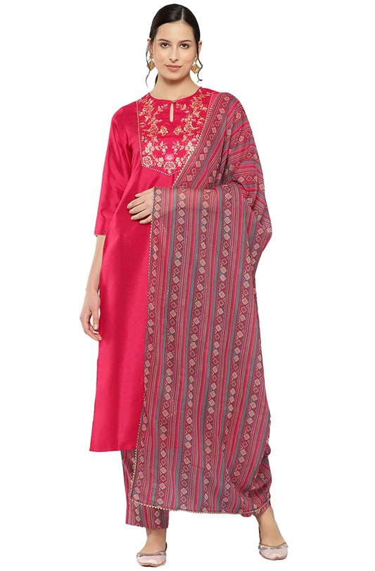 Janasya Women's Pink Crepe Silk Yoke Embroidered Solid Kurta with Pant and Dupatta