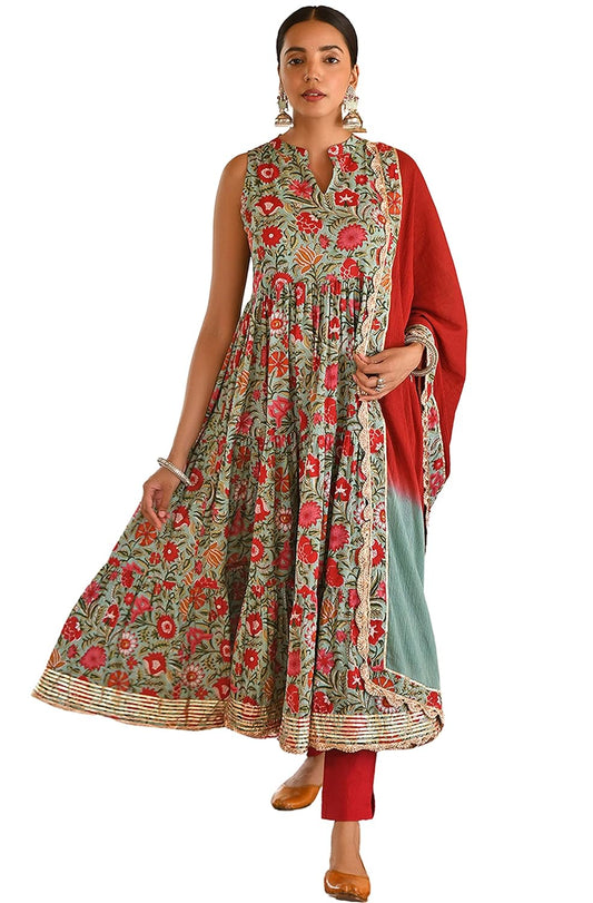 Janasya Women's Sea green Cotton Floral Block Print Kurta with Pant and Dupatta - 3XL