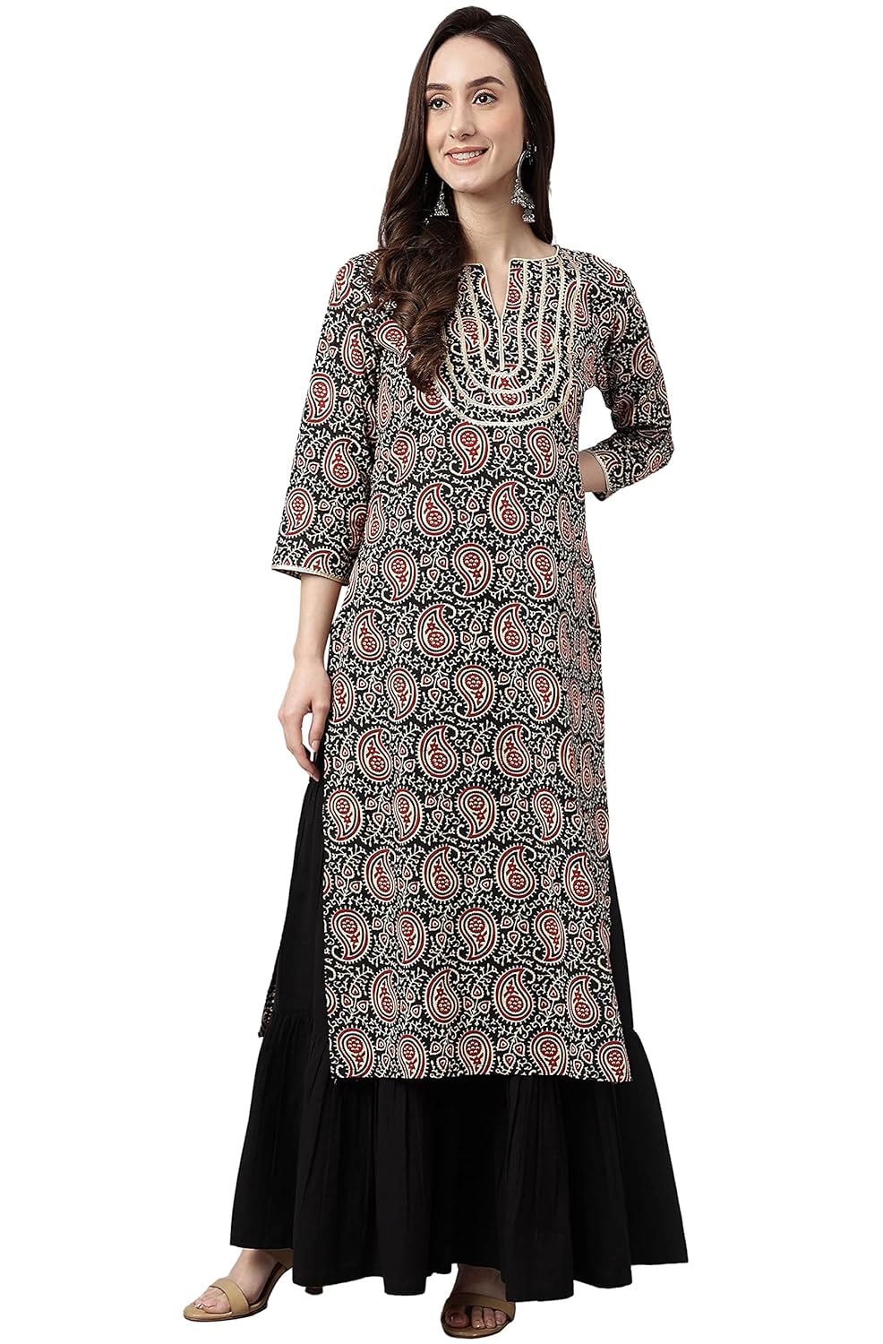 Janasya Women's Black Cotton Paisley Straight Kurta
