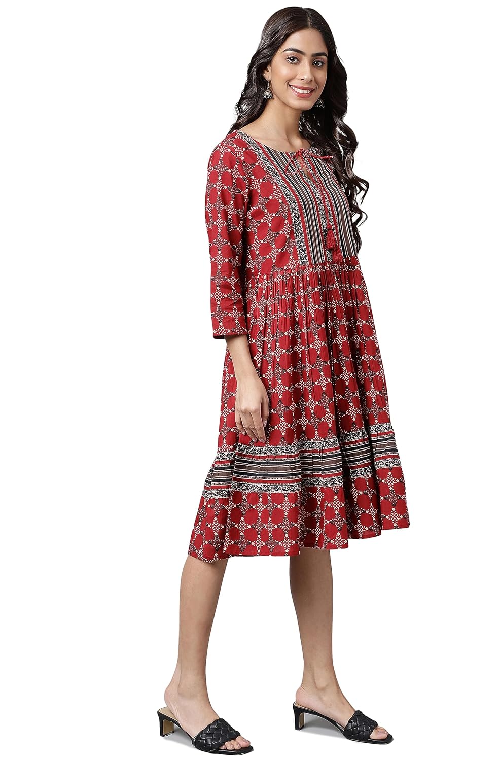 Janasya Women's Maroon Cotton Ethnic Motifs Printed Flared Dress