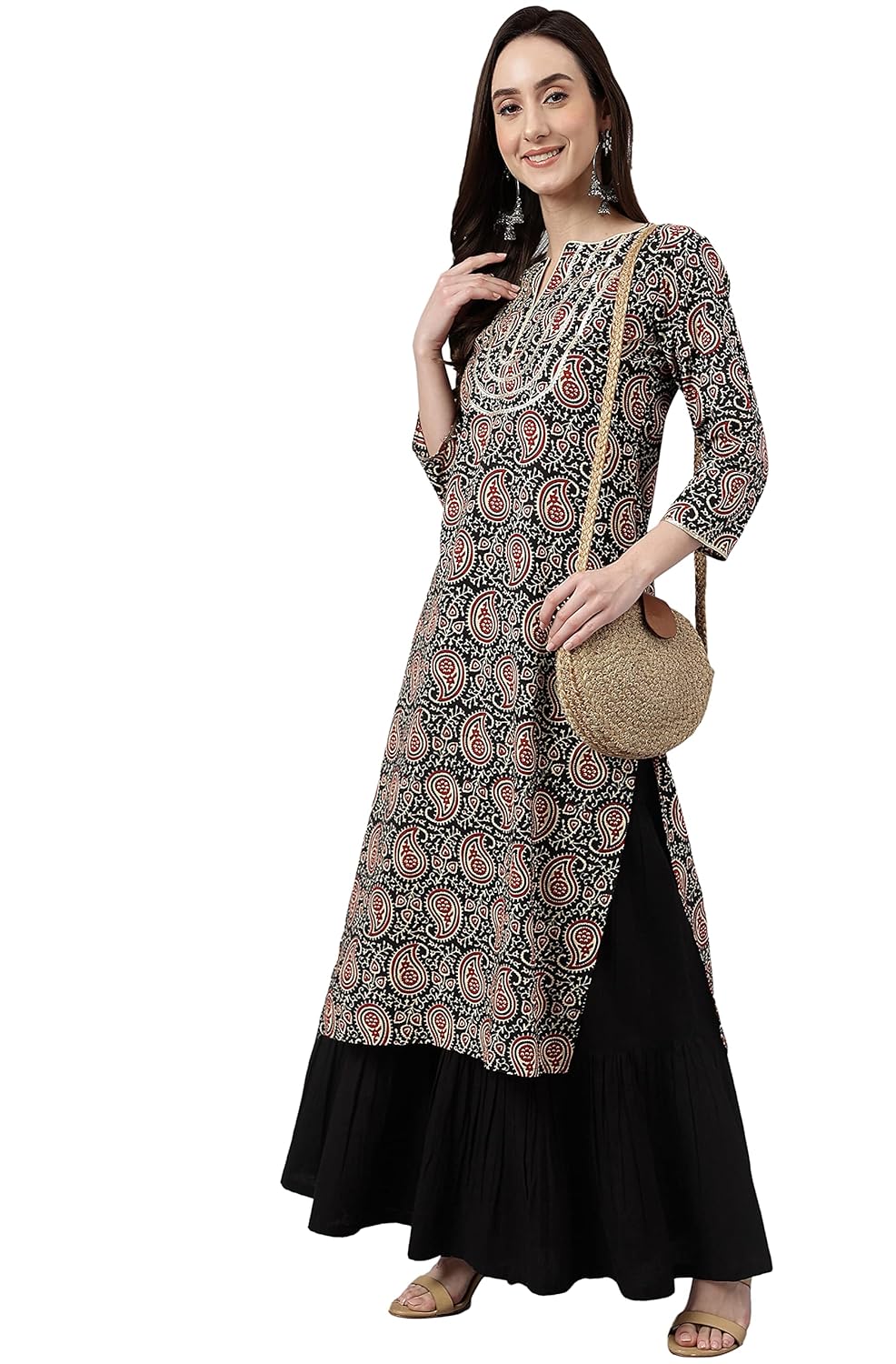 Janasya Women's Black Cotton Paisley Straight Kurta