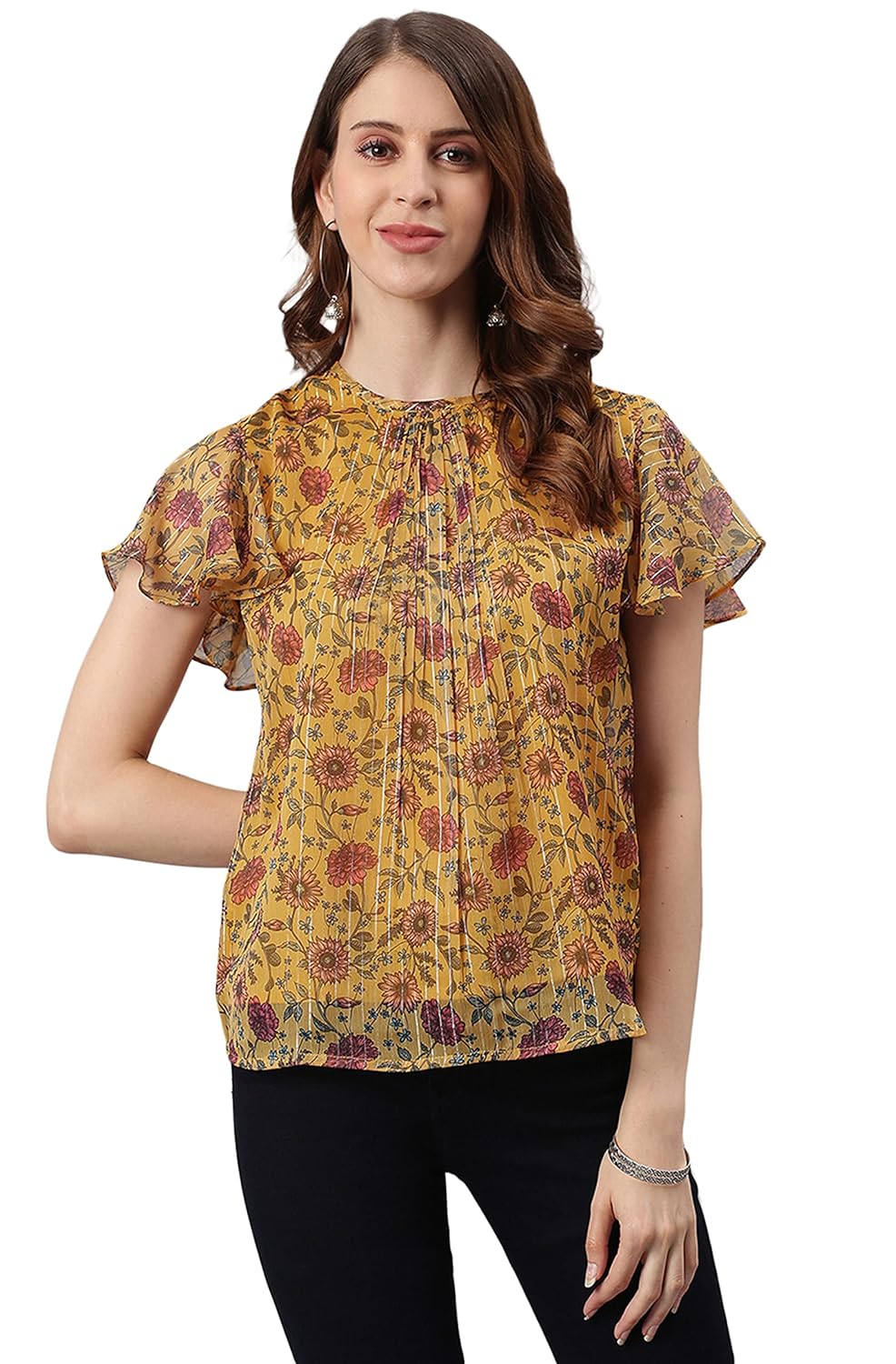 Janasya Women's Mustard Poly Georgette Top