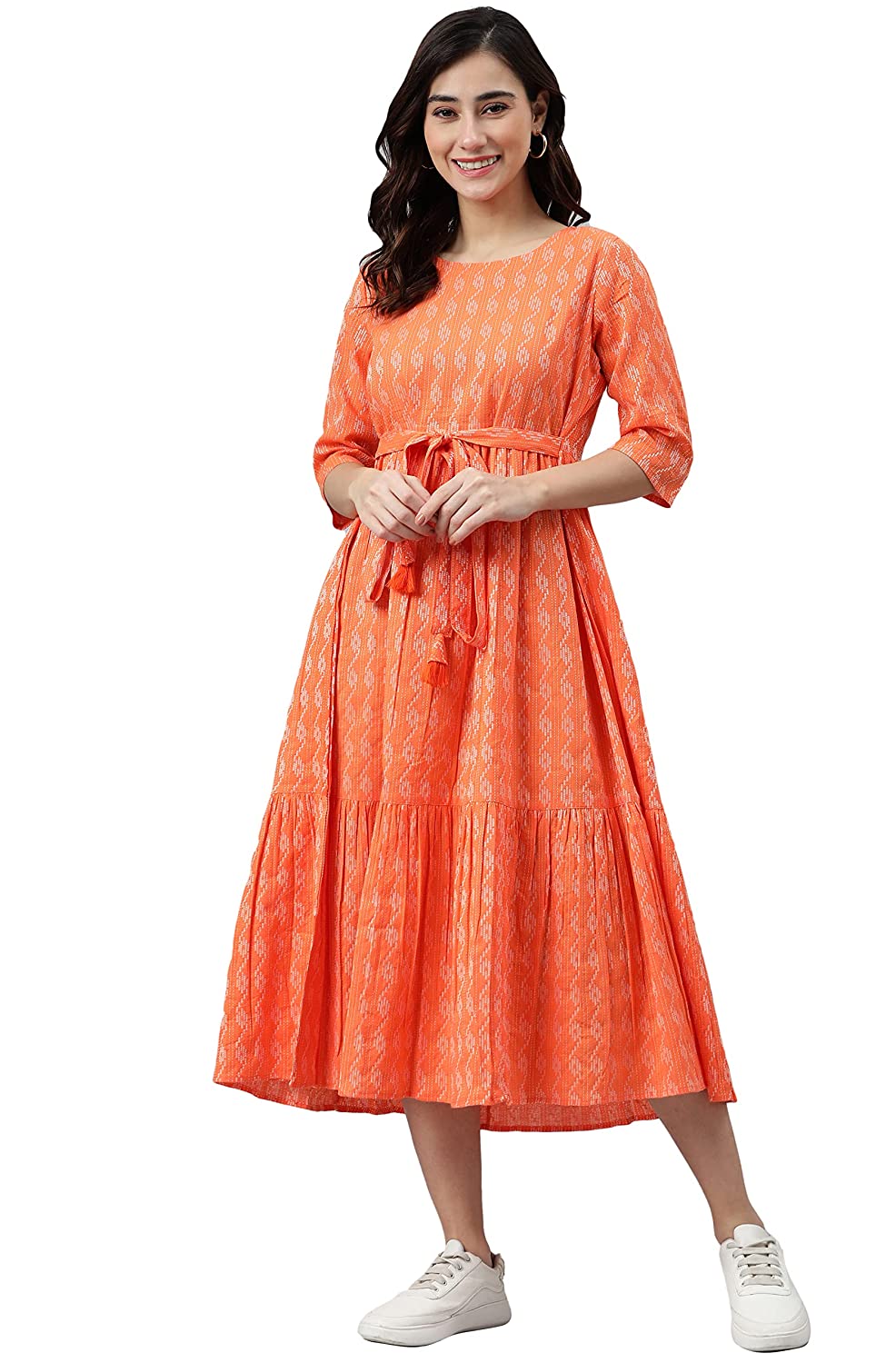Janasya Women's Blue Cotton Woven Midi Dress Orange