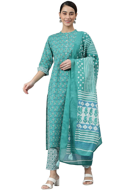 Janasya Women's Sea Green Cotton Kurta With Pant And Dupatta - XS