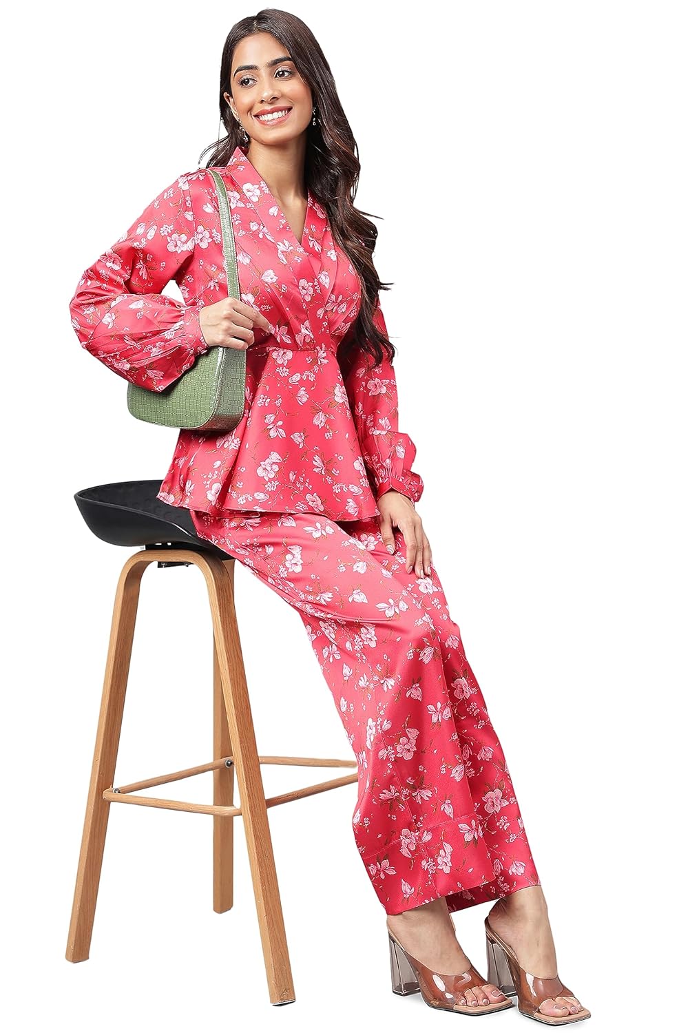 Janasya Women's Red Satin Digital Floral Printed Co-ords Set