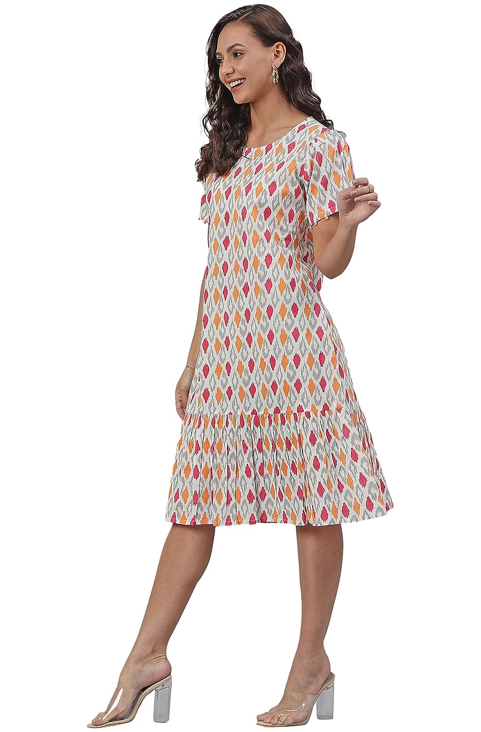Janasya Women's Off White Cotton Printed Knee Length Dress