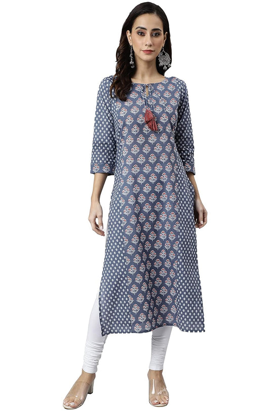 Janasya Women's Blue Cotton Block Print Straight Kurta