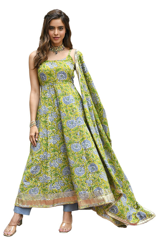 Janasya Women's Mustard Cotton Printed Kurta with Pant and Dupatta