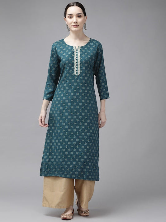 Yufta Women Teal Ethnic Motifs Printed Thread Work Kurta
