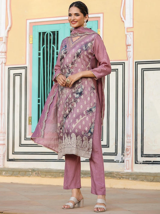 Scakhi Floral Printed Regular Thread Work Pure Silk Kurta with Trousers & With Dupatta