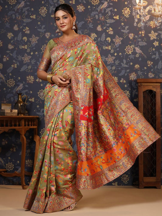 House of Pataudi Embellished Paisley Woven Design Zari Saree