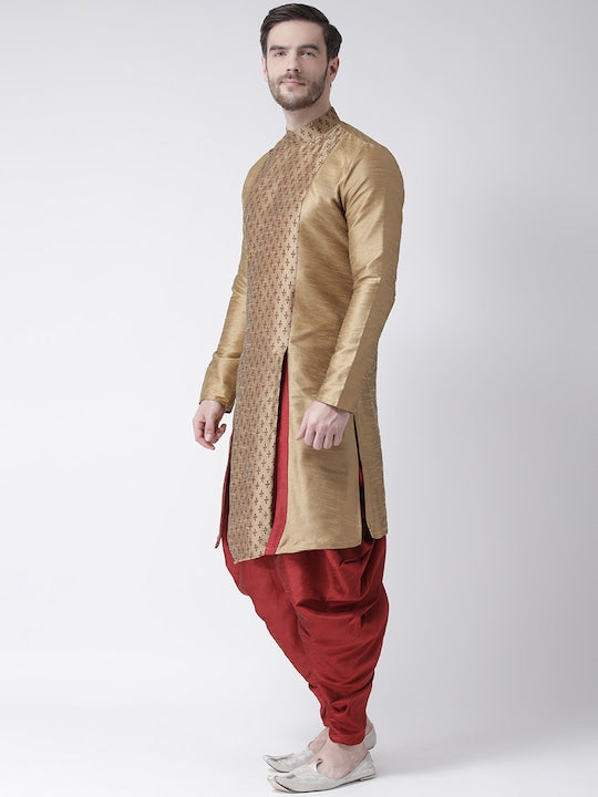 Deyann Men Brown & Maroon Woven Design Kurta with Dhoti Pants