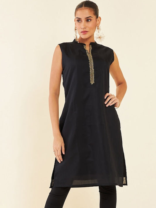 Soch Black Yoke Design Embroidered Band Collar Chanderi Cotton Straight Kurta