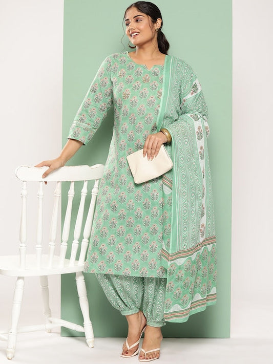 Yufta Women Plus Size Floral Printed Pure Cotton Kurta with Harem Pants & With Dupatta