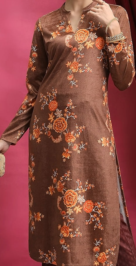 Vishudh Brown Floral Printed Straight Kurta
