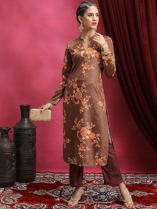 Vishudh Brown Floral Printed Straight Kurta