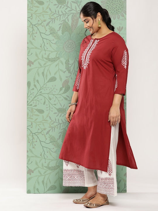 Yufta Plus Size Ethnic Motifs Embroidered Pure Cotton Kurta with Palazzos & With Dupatta Maroon