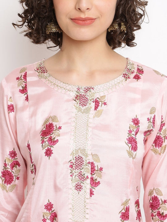 IMARA Floral Printed Sequined A-Line Kurta with Trousers