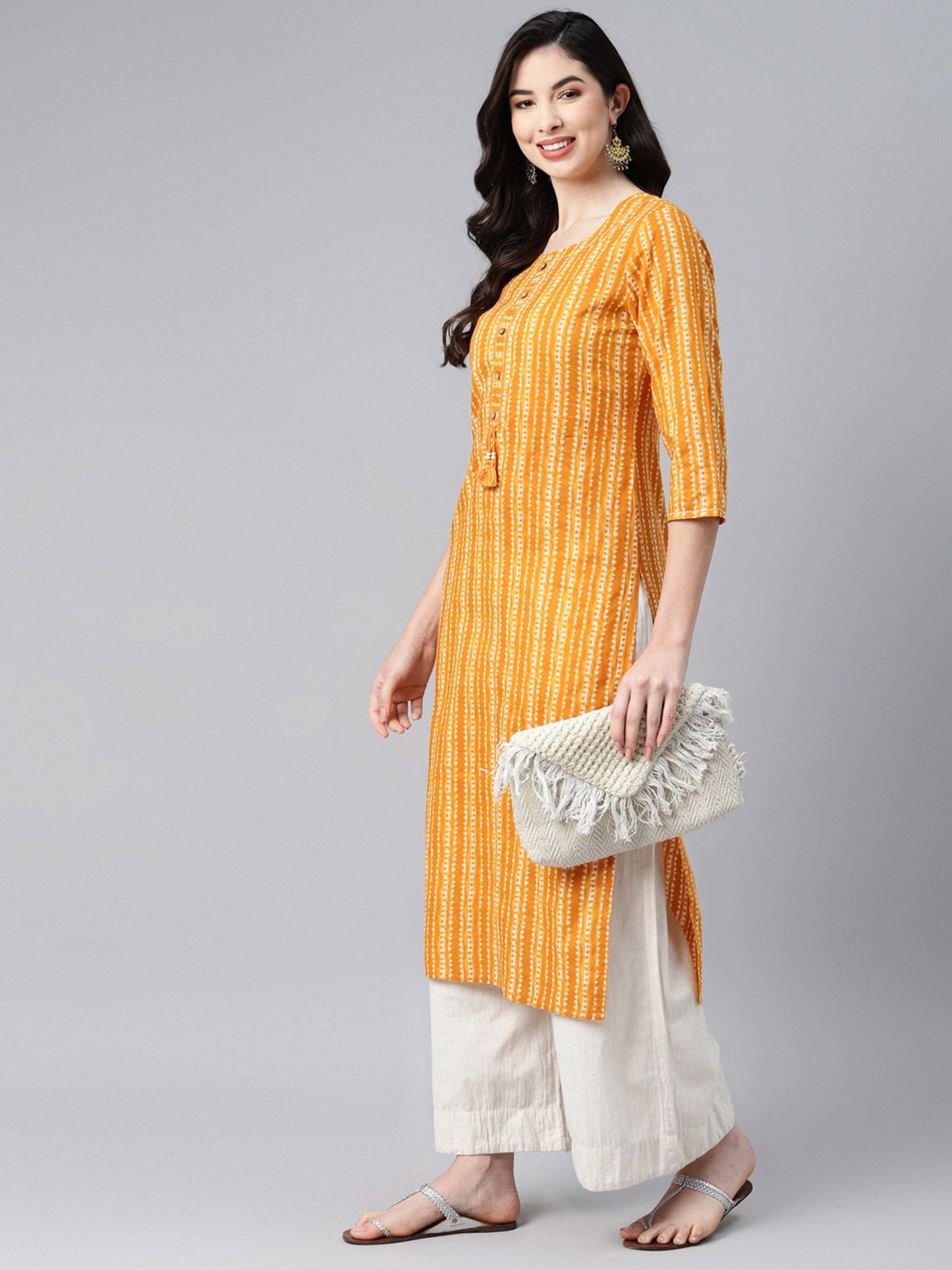 PIROH Womens Cotton Stripe Print Straight Kurta Yellow