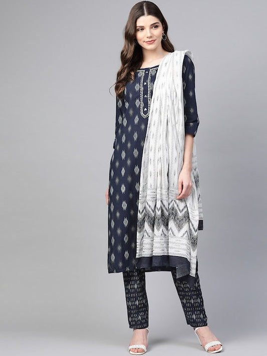 Anubhutee Women Navy Blue & Off White Printed Kurta with Trousers & Dupatta