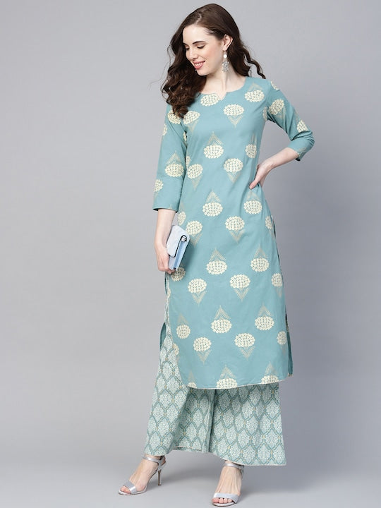 Yufta Women Blue & Off-White Printed Kurta with Palazzos
