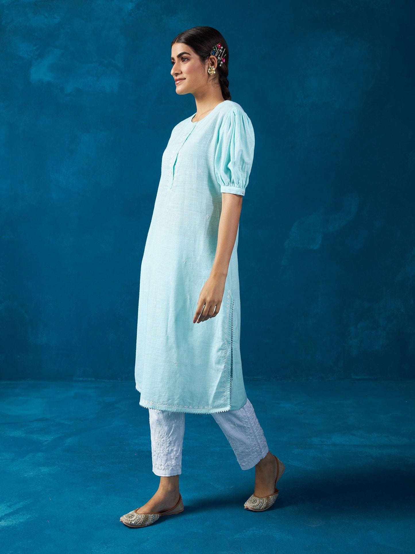 Likha Blue Cotton Slub Embroidered Co-ord Set LIKSKD245 (Set of 2)