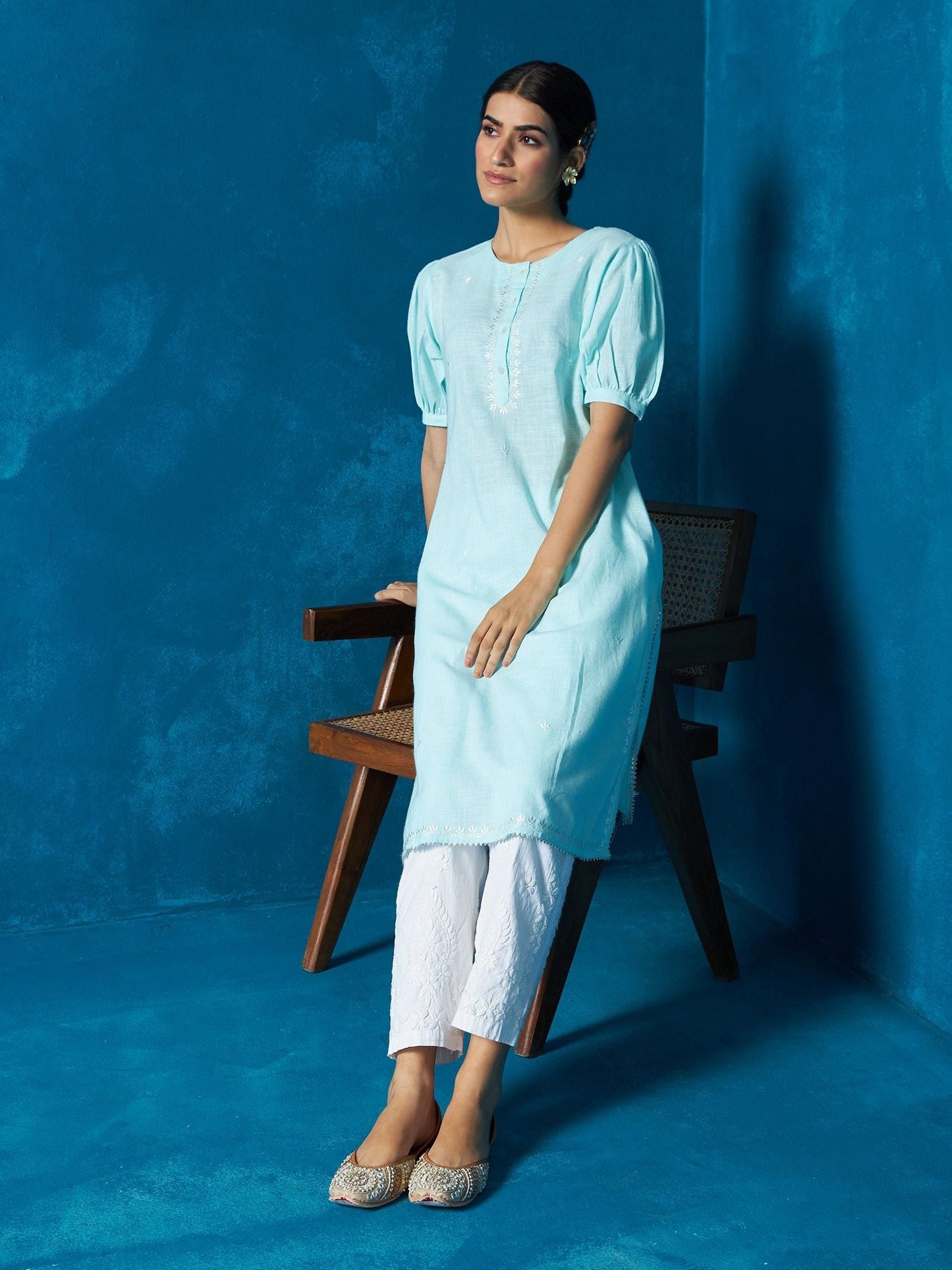Likha Blue Cotton Slub Embroidered Co-ord Set LIKSKD245 (Set of 2)