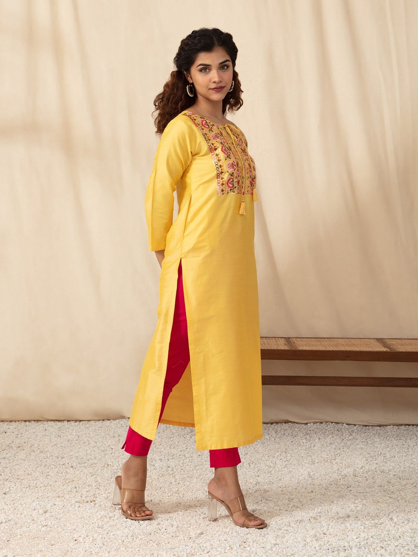 Likha Yellow Art Silk Floral Embroidered Kurta LIKKUR80