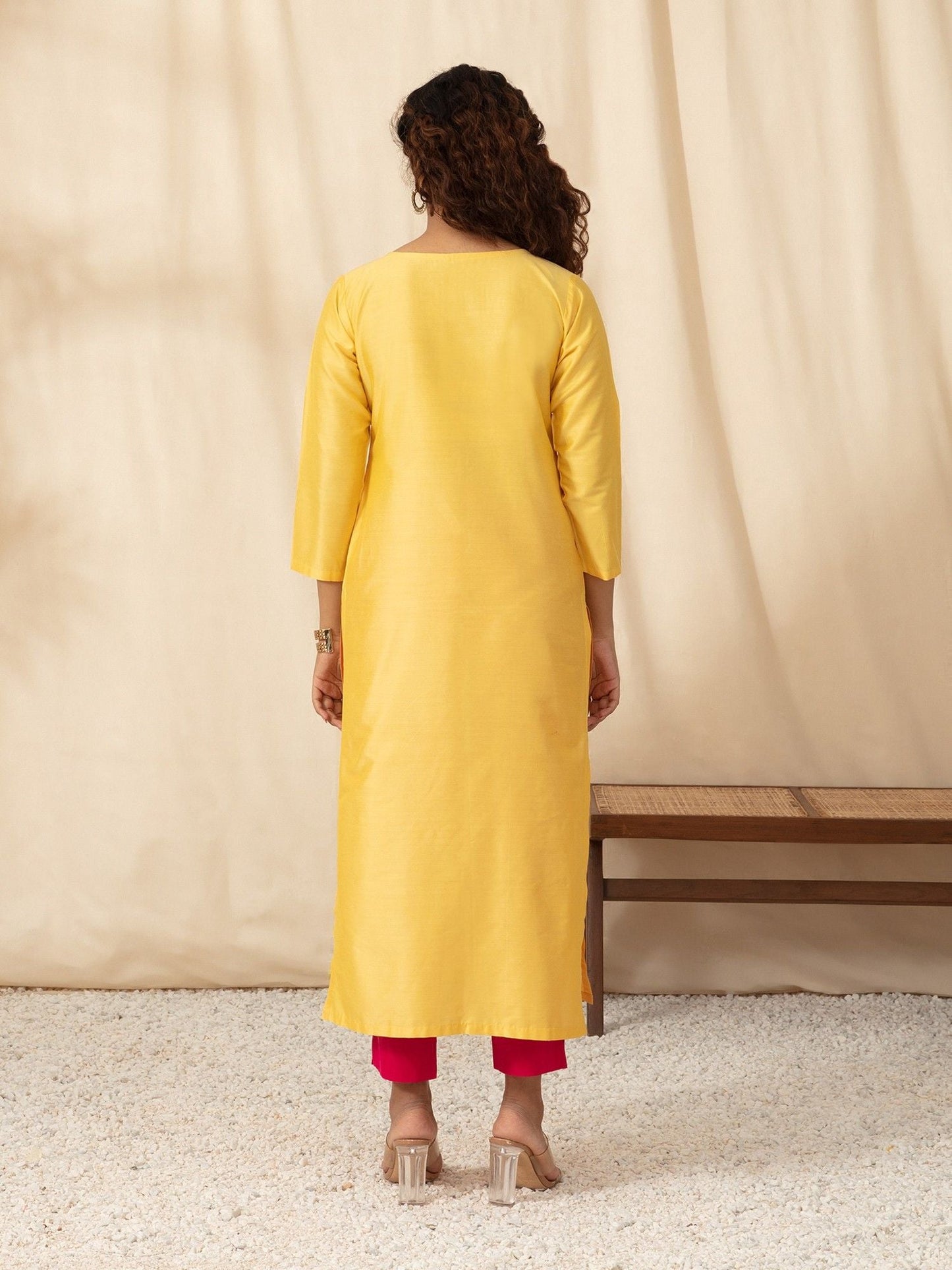 Likha Yellow Art Silk Floral Embroidered Kurta LIKKUR80