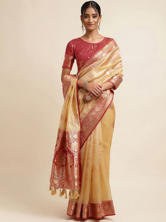 Satrani Beige & Cream-Coloured Paisley Woven Design Zari Tissue Banarasi Saree