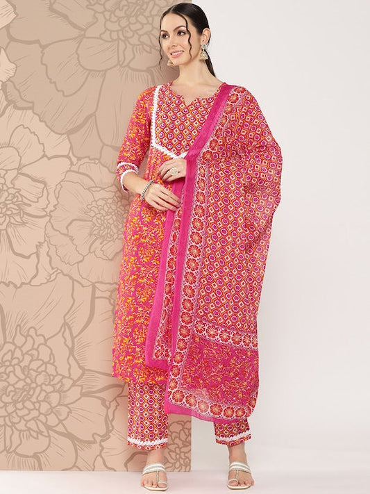 Yufta Women Pink Printed Regular Sequinned Pure Cotton Kurta with Trousers & Dupatta