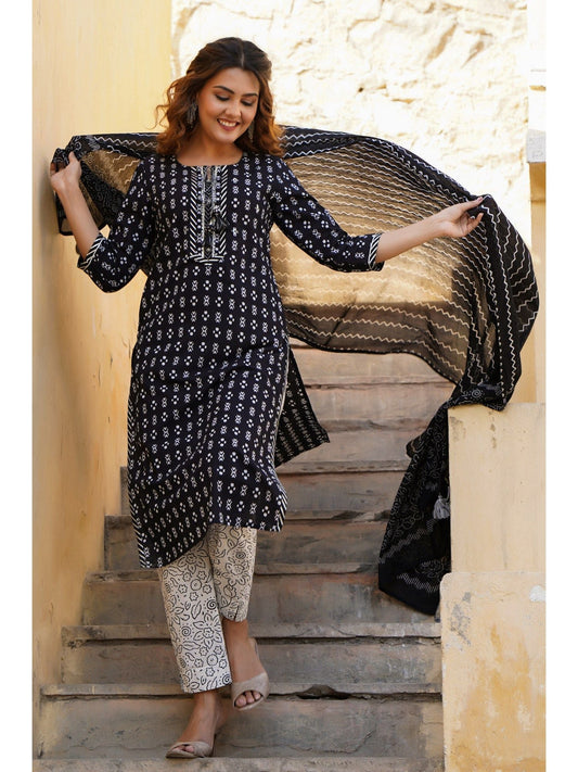 PIROH Womens Geometric Print Kurta Pant Dupatta (Set of 3)