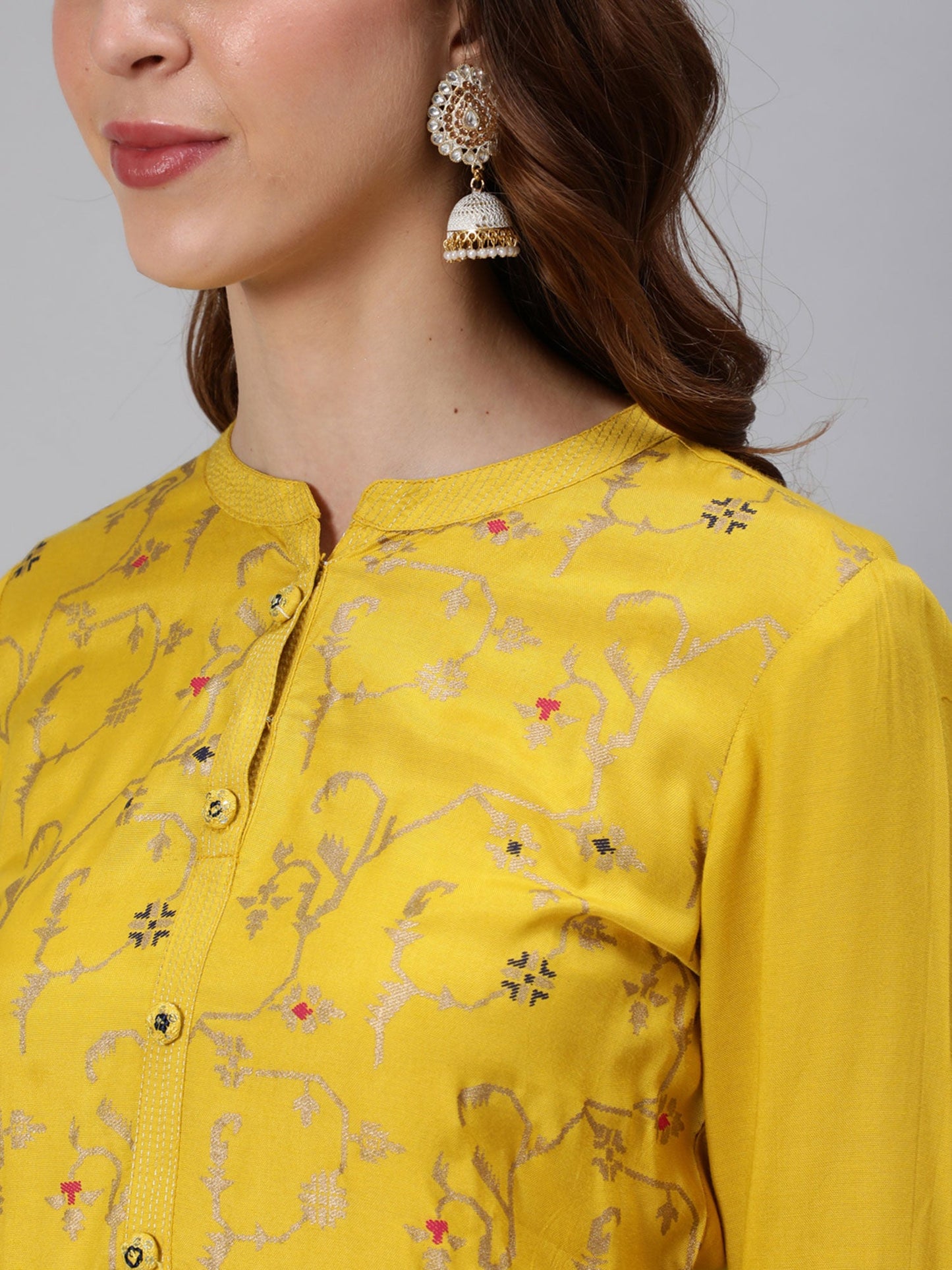ISHIN womens Silk Blend Yellow Foil Printed A-line Kurta Trouser Dupatta (Set of 3)