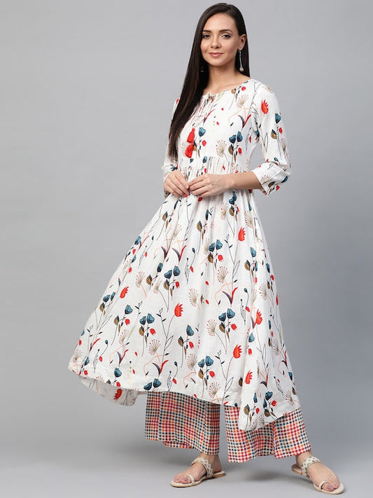 Sangria Women White & Red Printed Kurta with Palazzos