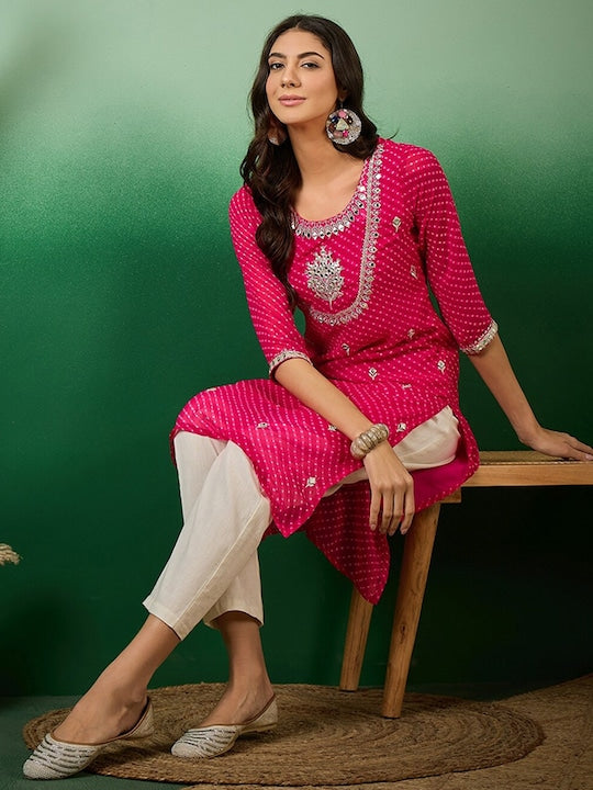 Sangria Leheriya Mirror Work Embroidered Georgette Straight Kurta