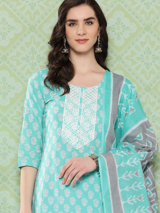 Yufta Women Floral Embroidered Regular Thread Work Kurta with Trousers & Dupatta