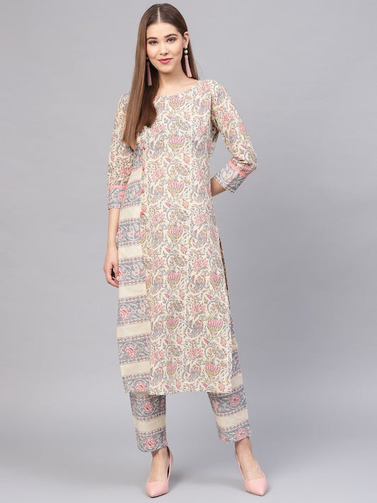 Yufta Women Beige & Grey Printed Kurta with Trousers
