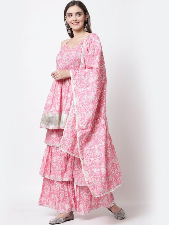 Myshka Women Pink Floral Printed Pure Cotton Kurta with Sharara & Dupatta
