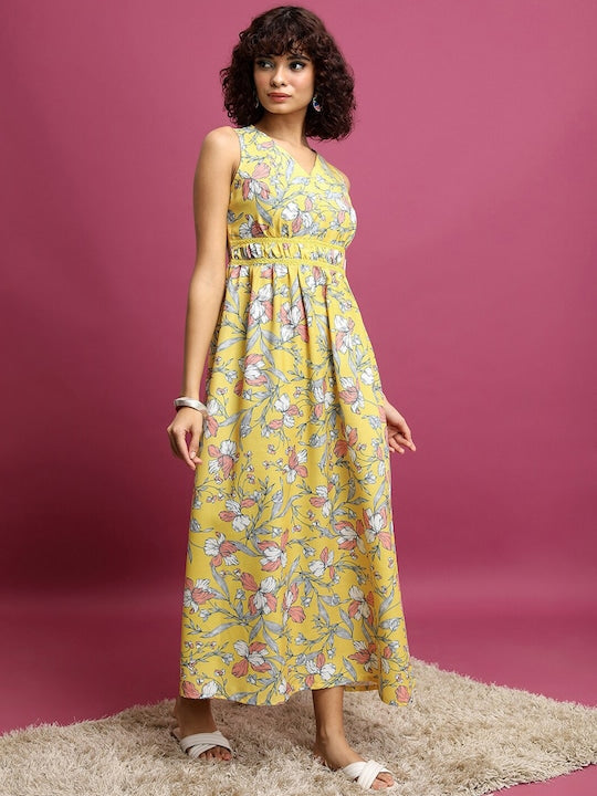 Vishudh Yellow Floral Printed Gathered Maxi Dress