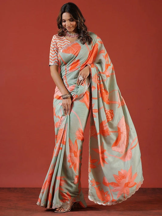 Sangria Sea Green Floral Printed Zari Saree