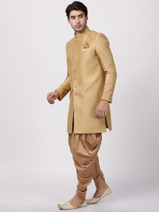 Vastramay Men Beige & Rose Gold Coloured Angrakha Patterned Sherwani with Cowl Pattern Patiala Style Style Dhoti Pants